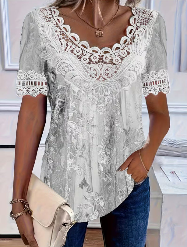 Women's Lace-Patchwork Crew-Neck Short-Sleeve T-Shirt