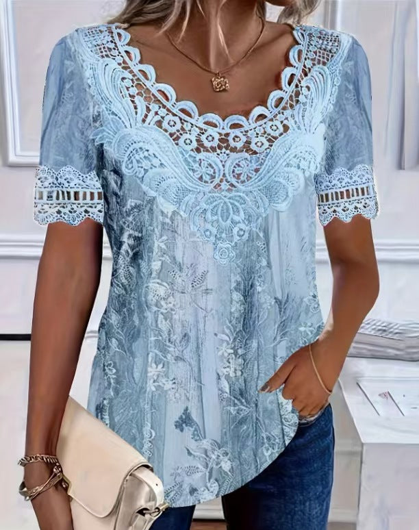 Women's Lace-Patchwork Crew-Neck Short-Sleeve T-Shirt
