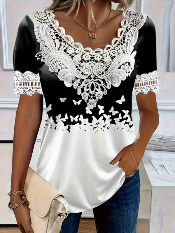 Women's Lace-Patchwork Crew-Neck Short-Sleeve T-Shirt