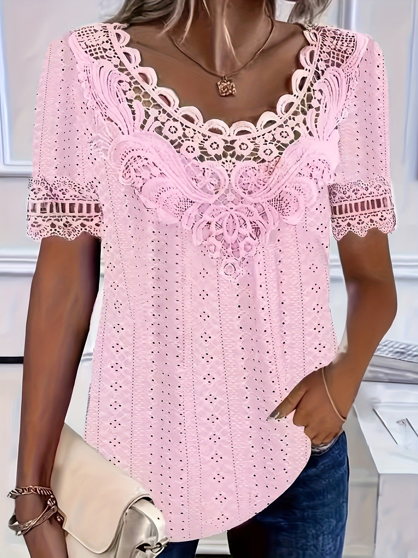 Women's Lace-Patchwork Crew-Neck Short-Sleeve T-Shirt