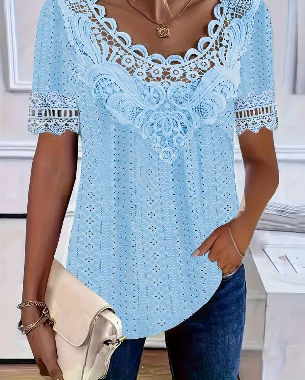 Women's Lace-Patchwork Crew-Neck Short-Sleeve T-Shirt